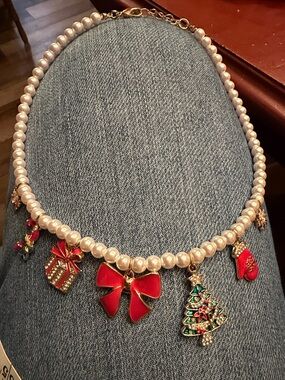 Pearl Holiday Charm Necklace with Red Accents